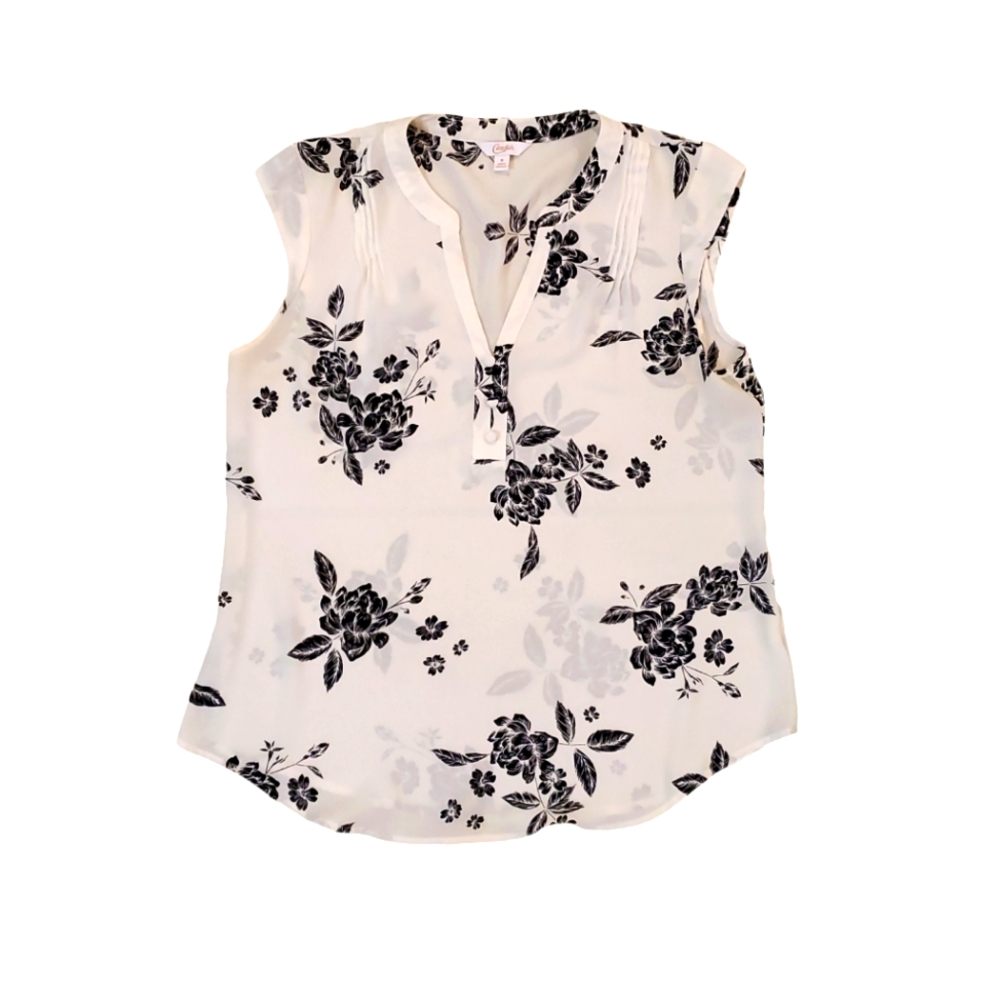 Candie's Women's White Light Weight Black Floral V-Neck Blouse Medium